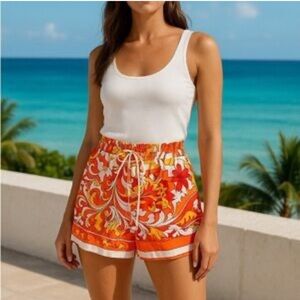 396 Zara High Waisted Paisley Shorts XS Red Orange Boho Flowy Summer
